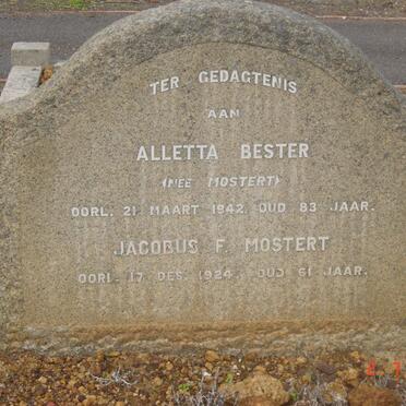 MOSTERT Jacobus F. –1924 &amp; Alletta Bester MOSTERT -1942