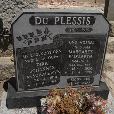 PLESSIS Dirk Johannes van Schalkwyk, du 1914-1984 &amp; Margaret Elizabeth DUMINY 1920-1998