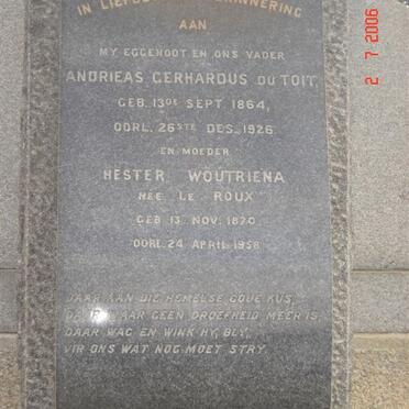 TOIT Andrieas Gerhardus, du 1864-1926 &amp; Hester Woutriena LE ROUX 1870-1958