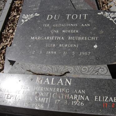 TOIT Margarietha Huibrecht, du nee BURDEN 1898-1987 :: MALAN Daniel Stephanus Smit 1912-1986 &amp; Catharina Elizabeth 1926-