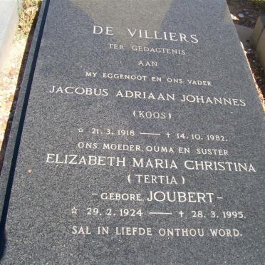 VILLIERS Jacobus Adriaan Johannes, de 1918-1982 &amp; Elizabeth Maria Christina JOUBERT 1924-1995