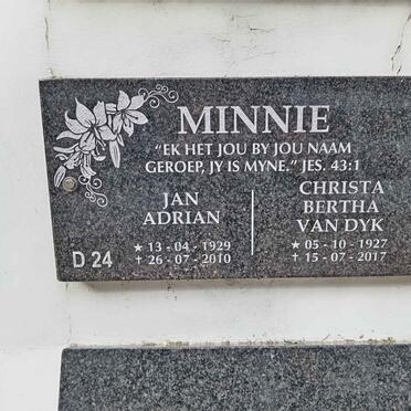 MINNIE Jan Adrian 1929-2010 &amp; Christa Bertha VAN DYK 1927-2017