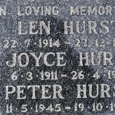HURST Len 1914-1987 &amp; Joyce 1911-1997 :: HURST Peter 1945-1985