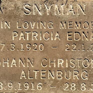 SNYMAN Johann Christopher Altenburg 1916-2000 &amp; Patricia Edna 1920-2000