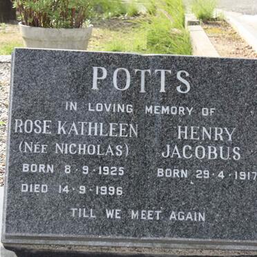 POTTS Henry Jacobus 1917-   &amp; Rose Kathleen NICHOLAS 1925-1996