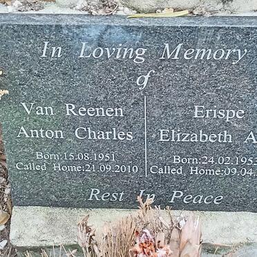 REENEN Anton Charles, van 1951-2010 &amp; Elizabeth Ann ERISPE 1953-2012