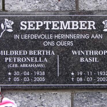 SEPTEMBER Wintrop Basil 1932-2007 &amp; Mildred Bertha Petronella ABRAHAMS 1938-2005
