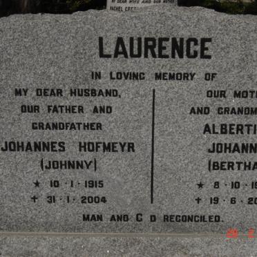LAURENCE Johannes Hofmeyr 1915-2004 &amp; Albertina Johanna 1926-2005