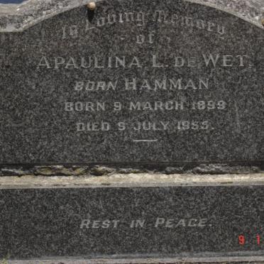 WET Apaulina L., de nee HAMMAN 1899-1955