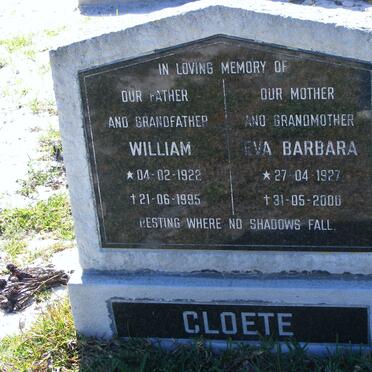 CLOETE William 1922-1995 &amp; Eva Barbara 1927-2000