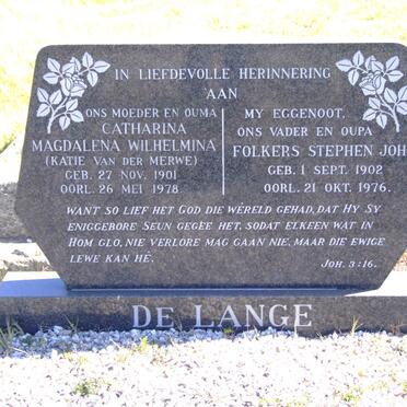 LANGE Folkers Stephen John, 1902-1976 &amp; Catharina Magdalena Wilhelmina VAN DER MERWE 1901-1978