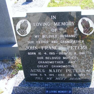 PETERS John Francis 1915-1981 &amp; Agnes Mary 1915-1985