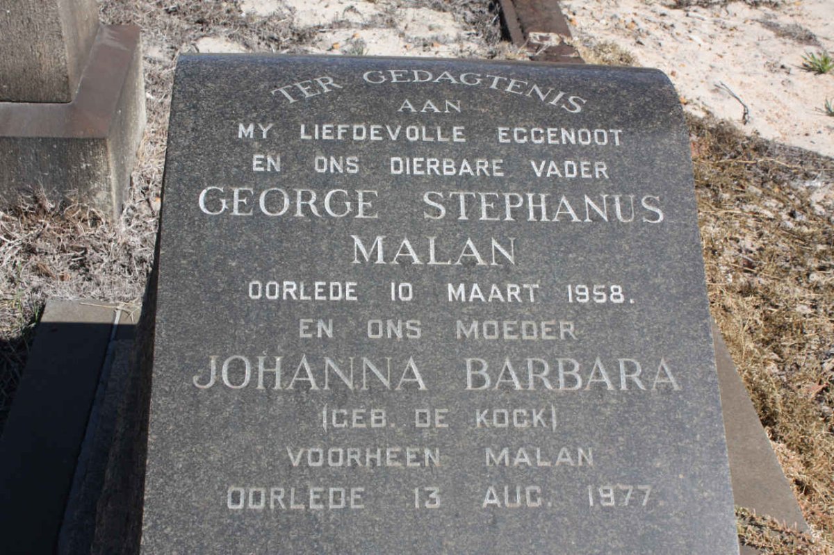 MALAN George Stephanus -1958 &amp; Johanna Barbara DE KOCK formerly MALAN -1977