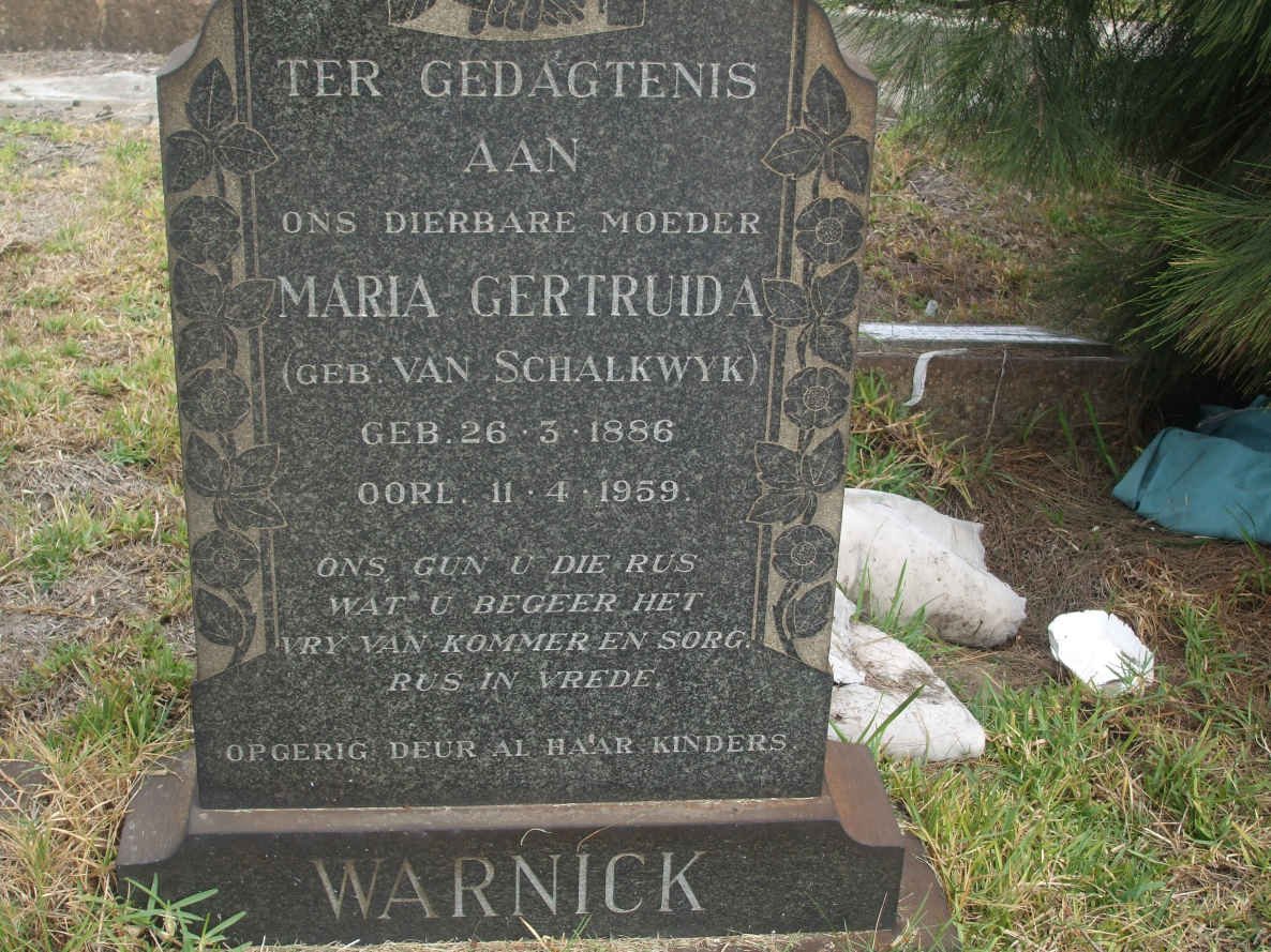 WARNICK Maria Gertruida nee VAN SCHALKWYK 1886-1959