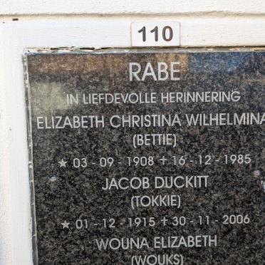 RABE Jacob Duckitt 1915-2006 &amp; Elizabeth Christina Wilhelmina 1908-1985 ::  RABE Wouna Elizabeth 1940-2013