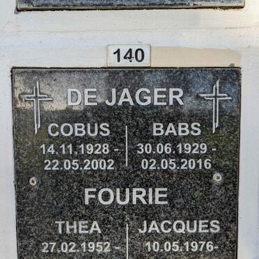 JAGER Cobus, de 1928-2002 &amp; Babs 1929-2016 :: FOURIE Jacques 1976- &amp; Thea 1952-