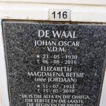 WAAL Johan Oscar V.D.M., de 1930-2016 &amp; Elizabeth Magdalena Betsie JORDAAN 1933-2018
