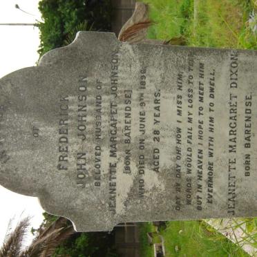 JOHNSON Frederick John -1896 &amp; Jeanette Margaret DIXON, formerly JOHNSON nee BARENDSE  -1939