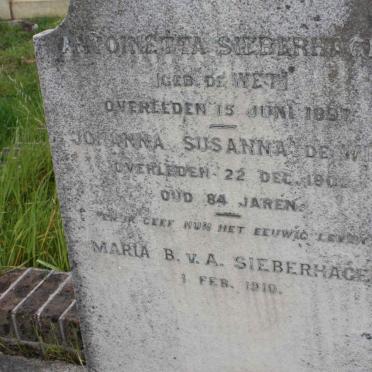 SIEBERHAGEN Antoinetta nee DE WET -1897 :: DE WET Johanna Susanna -1902 :: SIEBERHAGEN Maria B. v. A. -1910