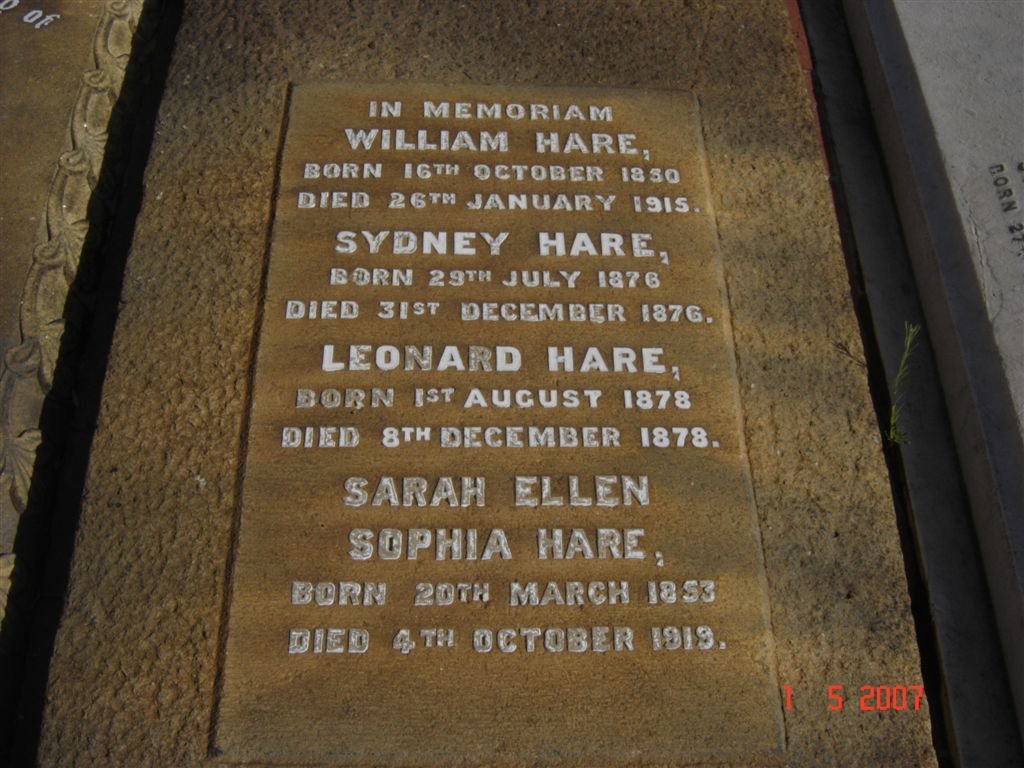 HARE William 1850-1915 &amp; Sarah Ellen Sophia 1853-1919 :: HARE Sydney 1876-1876 :: HARE Leonard 1878-1878