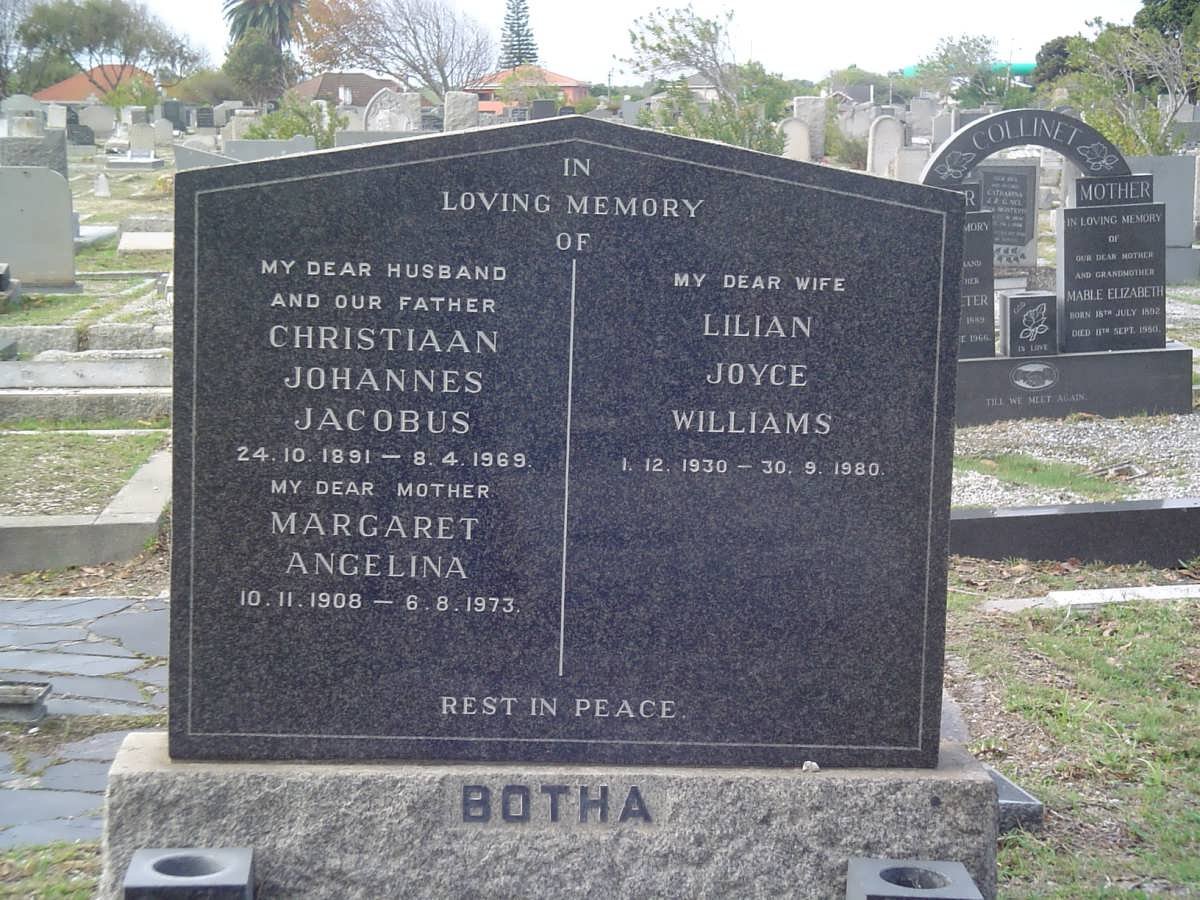 BOTHA Christiaan Johannes Jacobus 1891-1969 &amp; Margaret Angelina 1908-1973 :: WILLIAMS Lilian Joyce 1930-1980