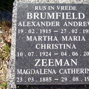 BRUMFIELD Alexander Andrew 1915-1989 &amp; Martha Maria Christina 1924-2001 :: ZEEMAN Magdalena Catherina 1885-1965