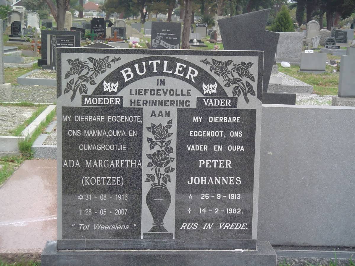 BUTLER Peter Johannes 1913-1982 &amp; Ada Margaretha KOETZEE 1916-2007