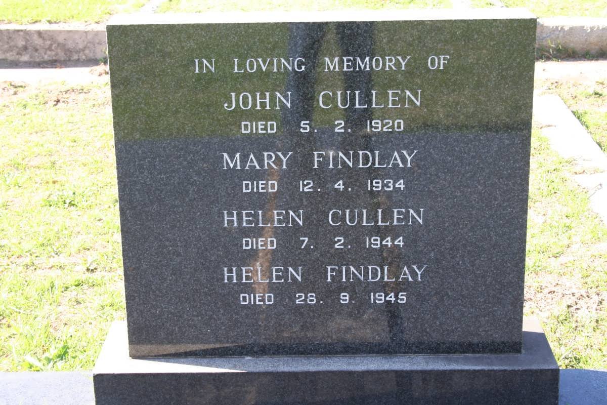 CULLEN John -1920 :: FINDLAY Mary -1934 :: CULLEN Helen -1944 :: FINDLAY Helen -1945