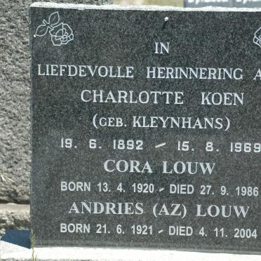KOEN Charlotte nee KLEYNHANS 1892-1969 :: LOUW Cora 1920-1986 :: LOUW Andries 1921-2004