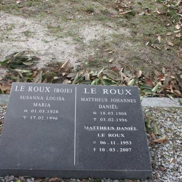 ROUX Mattheus Johannes Daniël, le 1908-1996 :: LE ROUX Louisa Maria nee BOJE 1928-1996 :: LE ROUX Mattheus Daniël 1953-2007