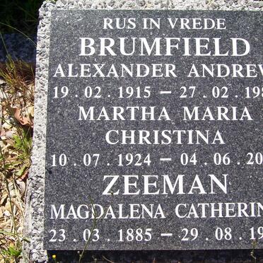 BRUMFIELD Alexander Andrew 1915-1989 & Martha Maria Christina 1924-2001 :: ZEEMAN Magdalena Catherina 1885-1965