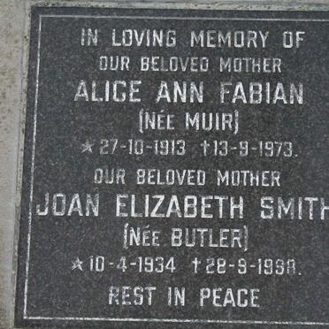 FABIAN Alice Ann nee MUIR 1913-1973 :: SMITH Joan Elizabeth nee BUTLER 1934-1998