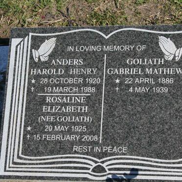 GOLIATH Gabriel Matthew 1886-1939 :: ANDERS Harold Henry 1920-1988 &amp; Rosaline Elizabeth GOLIATH 1925-2008  