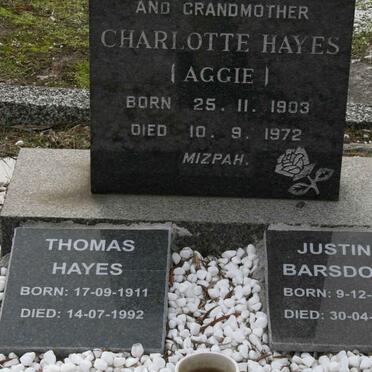 HAYES Charlotte 1903-1972 :: HAYES Thomas 1911-1992 :: BARSDORF Justine 1939-2000