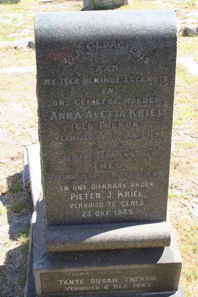 KRIEL Pieter J. -1945 &amp; Anna Aletta THERON -1919 :: KRIEL Theo -1915 :: THERON Susan -1943
