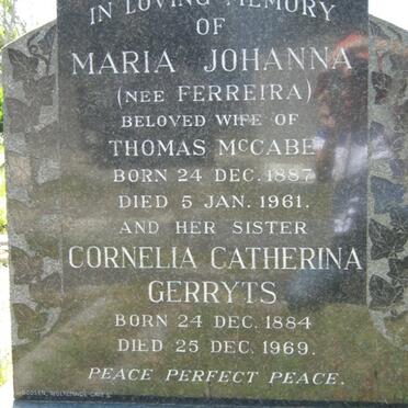 MCCABE Maria Johanna nee FERREIRA 1887-1961 :: GERRYTS Cornelia Catherina 1884-1969