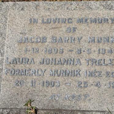 MUNNIK Jacob Barry 1903-1948 &amp; Laura Johanna Treleaven formerly MUNNIK nee EGENES 1903-1985