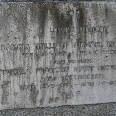 NICHOLSON Francis William Michael 1867-1938 &amp; Thekla Francis Mary WEISBECKER 1874-1939