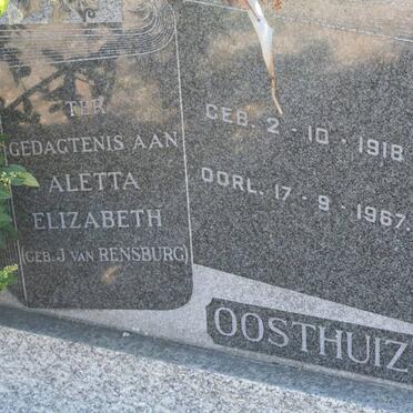 OOSTHUIZEN Aletta Elizabeth nee J. VAN RENSBURG 1918-1967