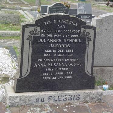 PLESSIS Johannes Hendrik Jakobus, du 1898-1962 &amp; Anna Susanna Gouws BURGER 1903-1980