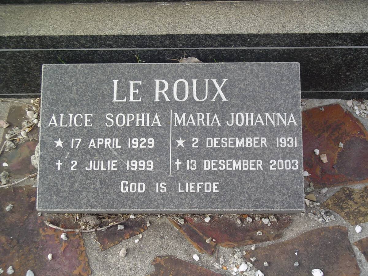 ROUX Alice Sophia, le 1929-1999 :: LE ROUX Maria Johanna 1931-2003