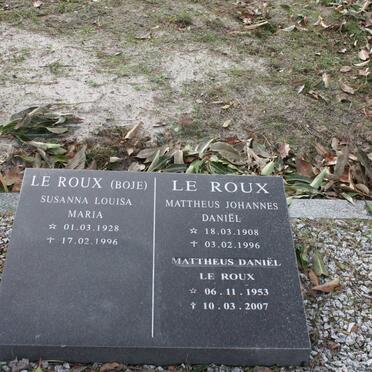 ROUX Mattheus Johannes Daniël, le 1908-1996 :: LE ROUX Susanna Louisa Maria nee BOJE 1928-1996 :: LE ROUX Mattheus Daniël 1953-2007