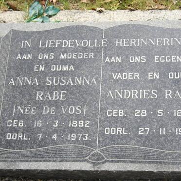 RABE Andries 1887-1965 &amp; Anna Susanna DE VOS 1892-1973
