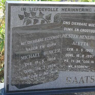 RAATS Michael Burger 1904-1974 &amp; Hester Hendrina Aletta 1905-1997