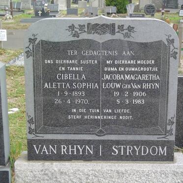 RHYN Cibella Aletta Sophia, van 1893-1970 :: STRYDOM Jacoba Magaretha Louw nee VAN RHYN 1906-1983