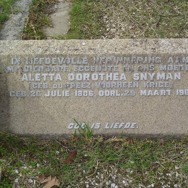 SNYMAN Aletta Dorothea formerly KRIGE nee DU PREEZ 1886-1963