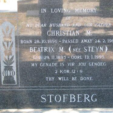 STOFBERG Christian M. 1896-1964 &amp; Beatrix M. STEYN 1895-1995