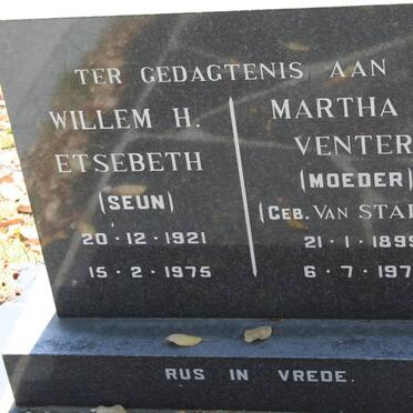 VENTER Martha E. VAN STADEN 1899-1979 :: ETSEBETH Willem H. 1921-1975