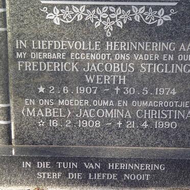 WERTH Frederick Jacobus Stiglingh 1907-1974 &amp; Jacomina Christina 1908-1990