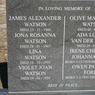 WATSON James Alexander -1945:: WATSON Iona Rosanna -1967 :: WATSON Lina -1933 :: WATSON Violet Joan -1938
